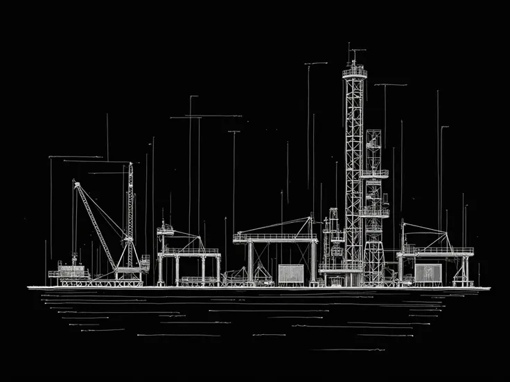 "Create an image with a black background containing subtle technical drawings, How to engineering plants and load lifting, METAL STRUCTURES AND SHEDS.  The style must be modern and technical, referring to engineering projects ."