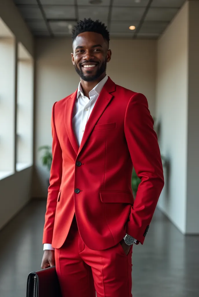 smiling black male intern holding a briefcase with red suit