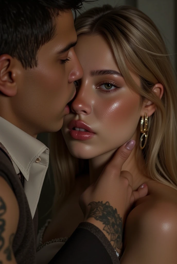 A captivating young woman with green eyes and a mesmerizing blonde balayage hairstyle being choked by a males hand. hand around her neck, expression sensual, turned on with parted lips, lights on her. 