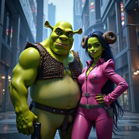 Shrek and beautiful realistic woman with green skin, pink clothes, horns , playing secret agent