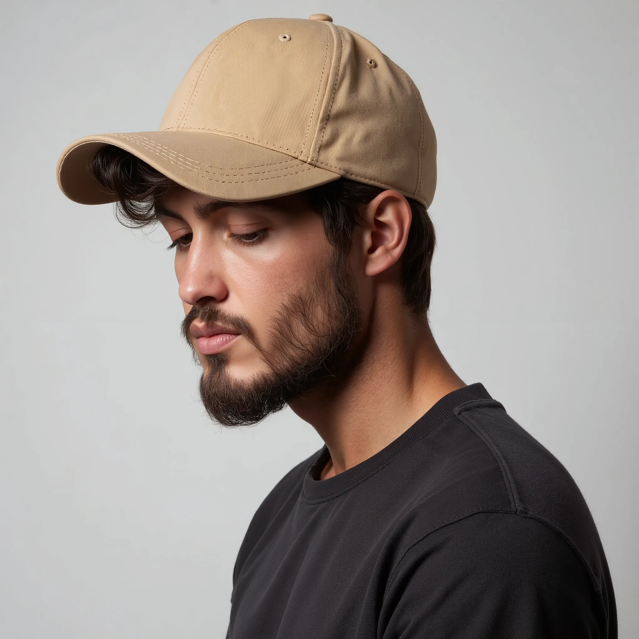 A young man with a slender beard with his head down wearing a beige baseball cap, Clear studio lighting, Dramatic lighting light, bright lighting, Magazine advertisement image, The boy has his head down 