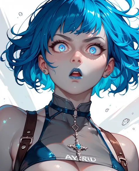 Girl with gray skin, gray skin color, gray skin, Black and blue hair, short hair, Dark blue lipstick, Dark blue eyes, glowing eyes, Dark blue nails, small cropped top without straps, Black panties, serious look, surprised, looking surprised