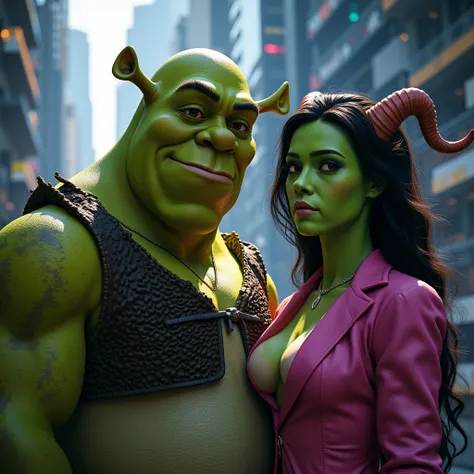 Shrek and beautiful realistic woman with green skin, pink clothes, horns , playing secret agent