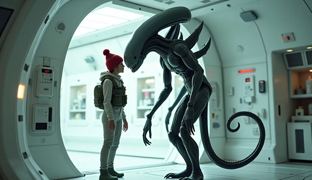 In the bright snow-white medical compartment of the spaceship, full of medical devices, the huge Alien from the Ridley Scott movie lovingly puts the second Alien from the Ridley Scott movie standing on his head knitted red hat next to each other. Ripley st...