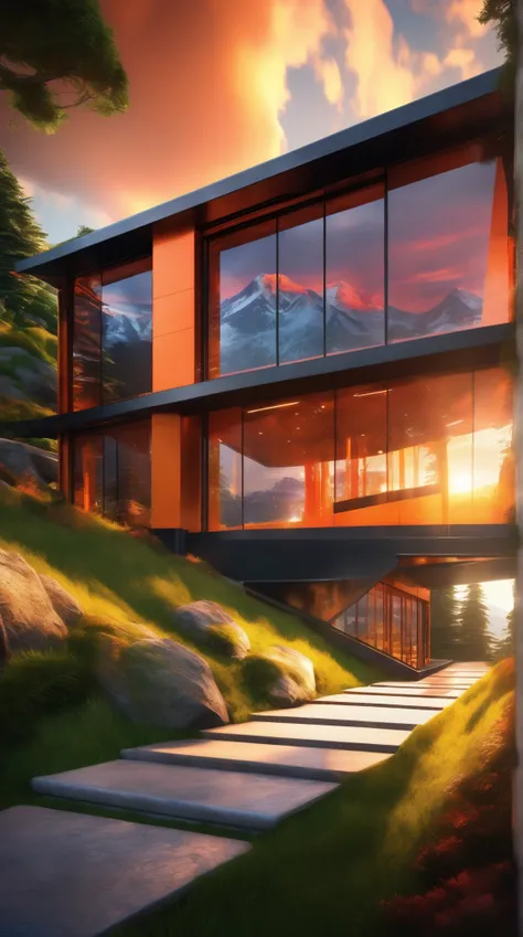 A breathtaking glass building showcasing modern architecture with angular design, reflecting the vibrant orange glow of a sunset against dramatic clouds. Nestled in a mountain landscape adorned with lush greenery and a manicured lawn, a concrete path leads...