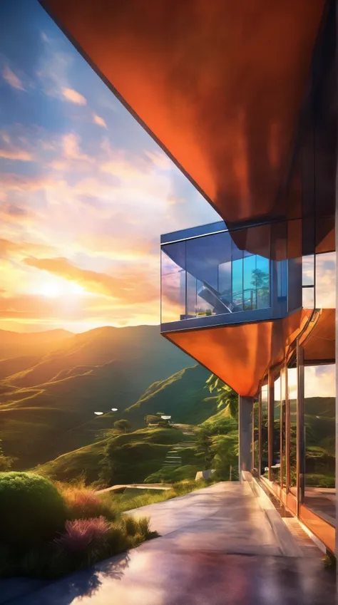 A breathtaking glass building showcasing modern architecture with angular design, reflecting the vibrant orange glow of a sunset against dramatic clouds. Nestled in a mountain landscape adorned with lush greenery and a manicured lawn, a concrete path leads...