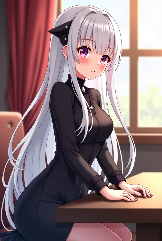 anime girl with long white hair and black dress sitting on a table, from girls frontline, anime girl wearing a black dress, girls frontline style, perfect white haired girl, fine details. girls frontline, girl with white hair, best anime 4k konachan wallpa...