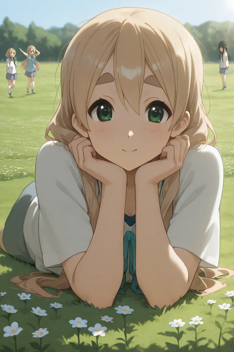 ((((tsumugi kotobuki \(K-ON!\))),((Tsumugi Kotobukicute\(K-ON!\))))), Kotobuki Tsumugi,Tsumugi Kotobukicute,cute,short,lying on a grassy meadow, surrounded by wildflowers, soft smile, relaxed expression, looking at the sky, sunlight filtering through trees...