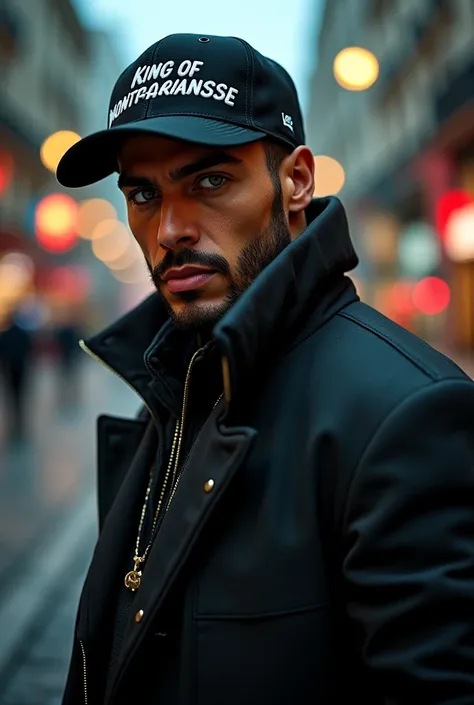 Image réaliste d'Un rappeur maghrébin bien habillé avec un regard dangereux au coin de la rue aux yeux verts gris et casquette écrit dessus : king of Montparnasse 