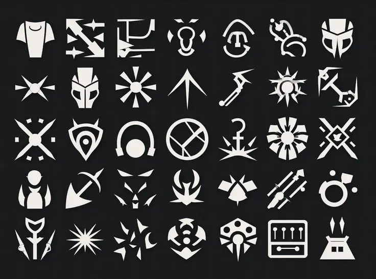 sci-fi, guns, critical strike, health, heart, shield, bullets, there are many different types of weapons and symbols on this black background, concept art by Lisa Nankivil, trending on polycount, primitivism, cyberpunk demonic symbols, perfect factions, ga...