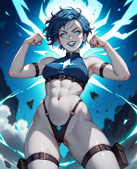 Girl with gray skin, gray skin color, gray skin, Black and blue hair, short hair, Dark blue lipstick, Dark blue eyes, glowing eyes, Dark blue nails, small cropped top without straps, Black panties, dark blue energy, Dark blue aura, Dark blue energy aura, P...