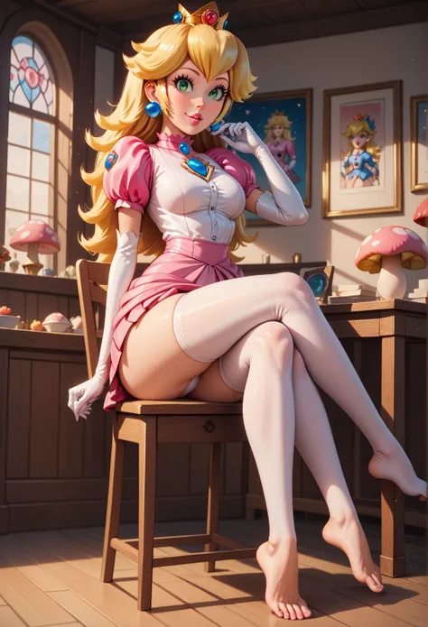 8k, Ultra HD, super details, high quality, high resolution. The heroine, Princess Peach, looks stunning in the full body photo, her body is sculptural, her long hair, in perfect combination with her white skin, her green eyes mesmerize everyone, seductive ...