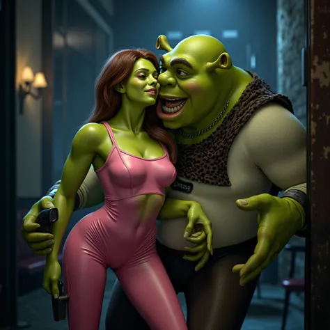 Shrek and beautiful realistic Woman with green skin, pink clothes , playing secret agent