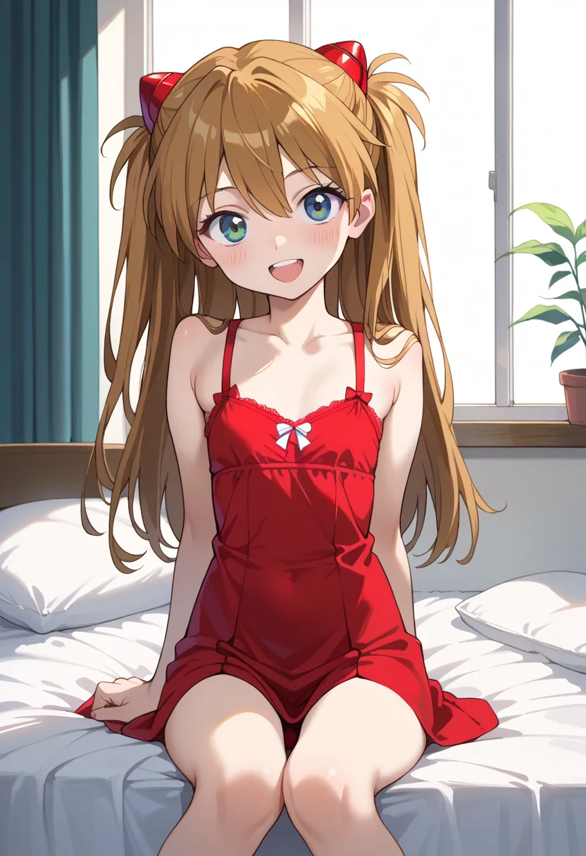 ((Highest quality)), ((masterpiece)), (be familiar with), perfect face, indoors, bedroom, watching viewers,
One woman, Soryu Asuka Langley,
open mouth, ecstatic expression, blush, smile,
 small tits, flat chest, Young girl,  lori,  ,  girl,
 long hair, two...