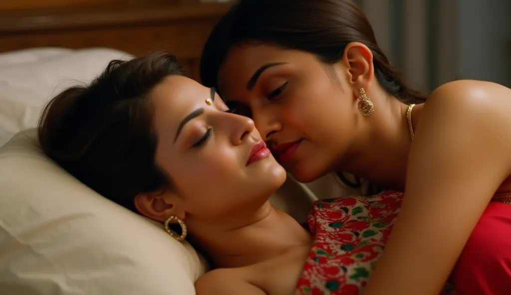 A woman sleeping on the bed in saree, closed eyes,a man laying beside the woman awake, kissing on her neck, close view, KajalAggarwalFlux