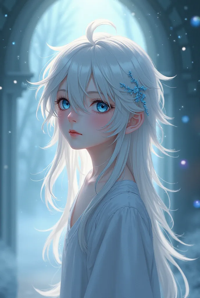 Boy anime character with long white hair and blue eyes.