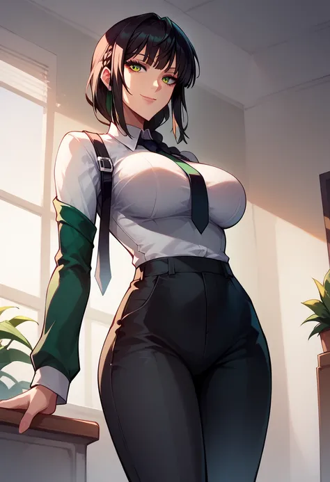 fubuki (one-punch man) black hair, short hair, tight green dress, long sleeves, collared dress, green eyes, perfect large breasts, view from below, sexy pose, dynamic angle Break, perfect lighting, shadows, makima, makima, long hair, smile, bangs, braid, r...