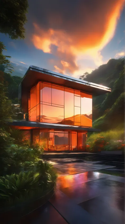 A breathtaking glass building showcasing modern architecture with angular design, reflecting the vibrant orange glow of a sunset against dramatic clouds. Nestled in a mountain landscape adorned with lush greenery and a manicured lawn, a concrete path leads...