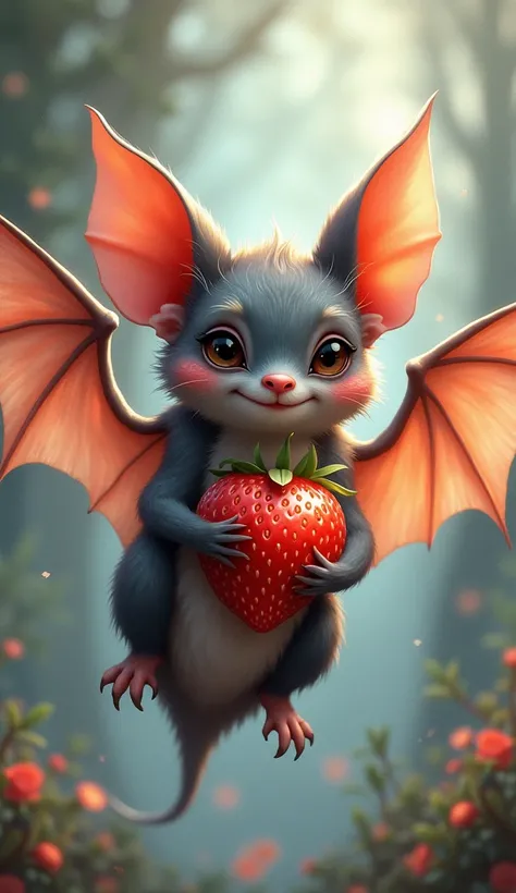 Color sketch. Happy cute bat with strawberry. High detail. Hyperrealism. Ideal correct anatomy. 16K. Mysticism.