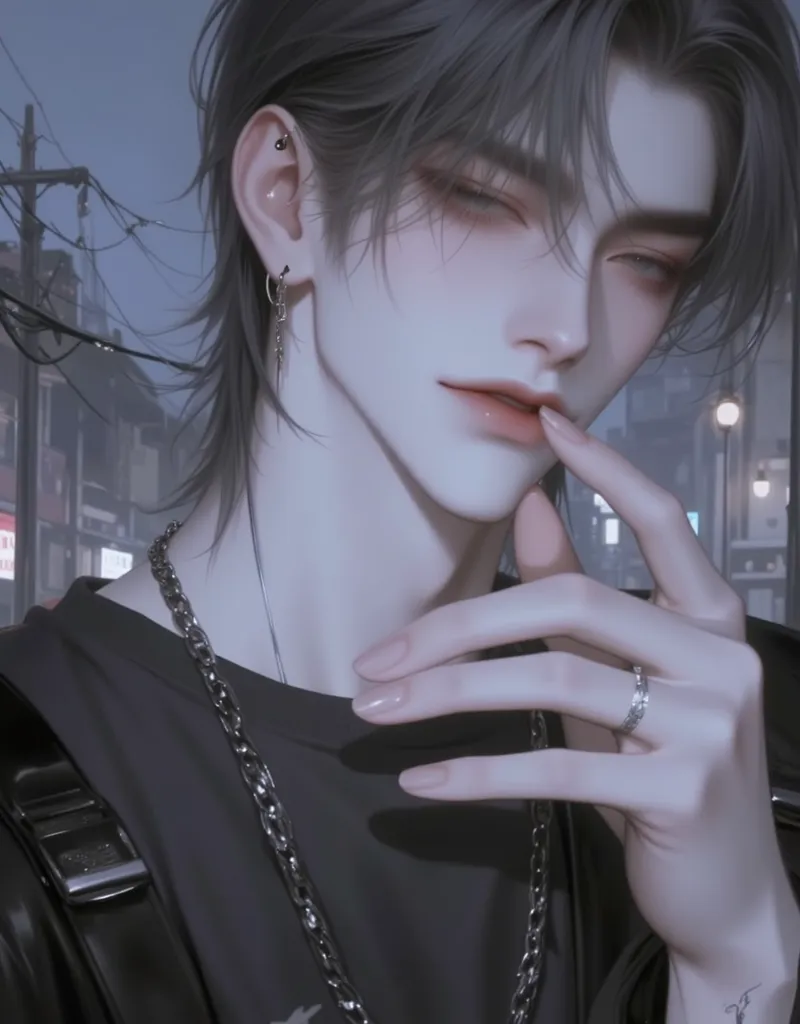 Young male, Asian, mid-20s, with long, dark gray hair styled in a slightly messy, layered cut.  Pale skin with subtle blush, and delicate facial features.  He has a thoughtful, slightly melancholic expression, holding a cigarette.  Pierced ears with small,...