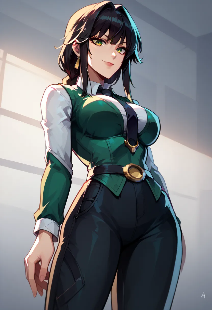 fubuki (one-punch man) black hair, short hair, tight green dress, long sleeves, collared dress, green eyes, perfect large breasts, view from below, sexy pose, dynamic angle Break, perfect lighting, shadows, makima, makima, long hair, smile, bangs, braid, r...