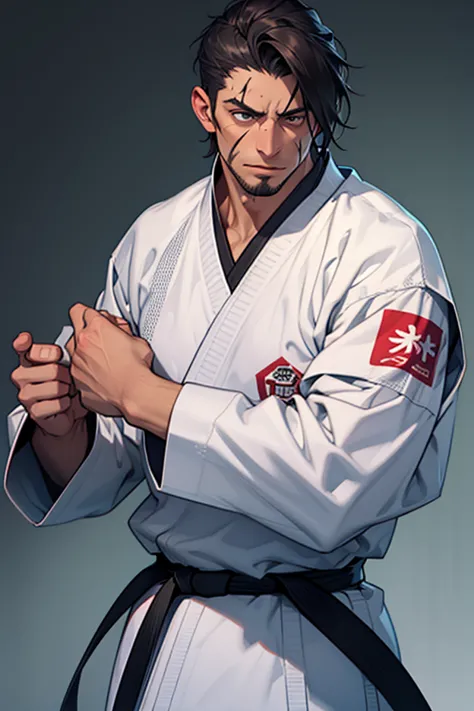 formed man with a scar on his left eye wearing a karate suit 