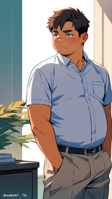 Man, office man, white shirt tucked in pants, tan skin, bangs, dark brown hair, pale blue eyes, round belly, blush, grumpy, handsome, slightly chubby, thirties