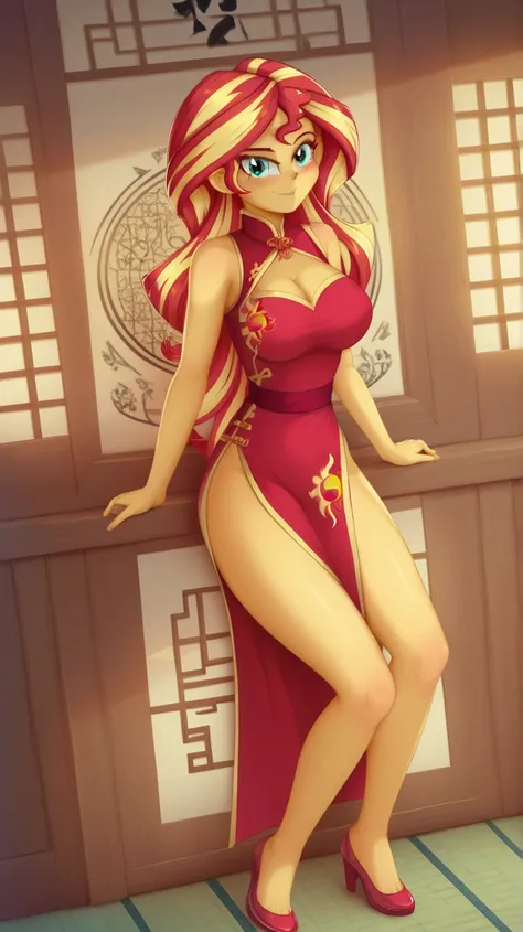 safe_pos, score_9, score_8_up, score_7_up BREAK , sunset shimmer, human, equestria girls, g4, BREAK large breasts, BREAK looking at you, red cheongsam, inside of a chinese temple, full body view, chest window, leaning on the wall