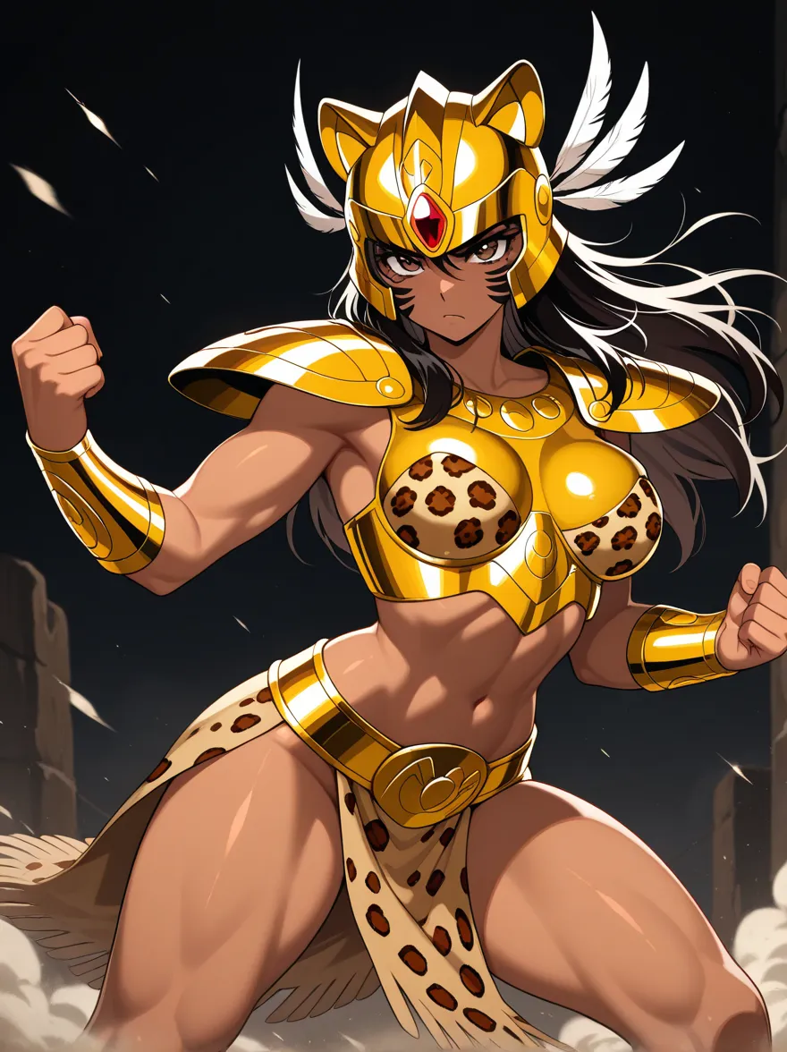 Female native american warrior, tribal warrior, tribal gear, wide shoulders, b cup breasts, violent anime woman, tough warrior, fighting stance, beautiful bright eyes, combat ready, scarred body, jaguar print, muscled abdomen, muscled arms, muscled legs, w...