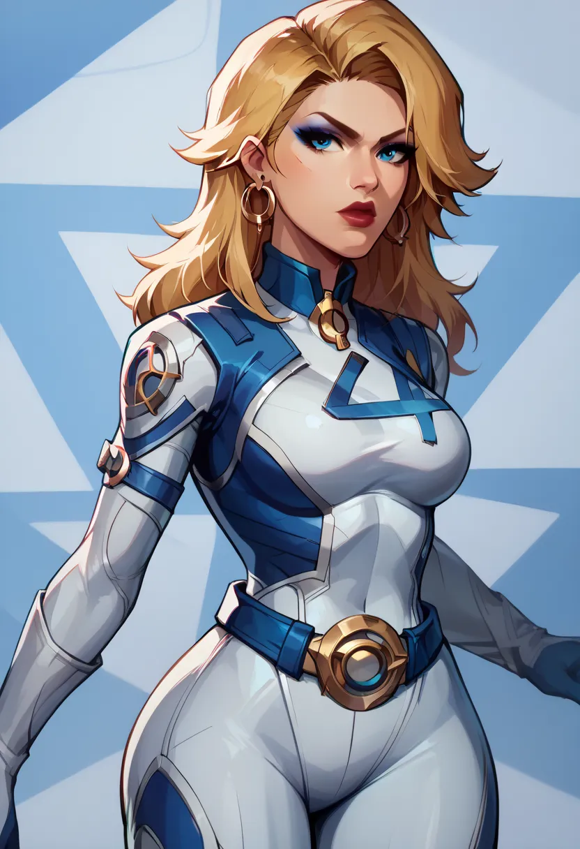 invisiblewoman_rivals, susan storm, fantastic four, long blonde hair, blue eyes, bodysuit, wide hips , , , blonde hair, long hair, eyeliner, blue eyes, earrings, bodysuit, white bodysuit, white clothes, gloves, belt, blue details, geometric shapes,
