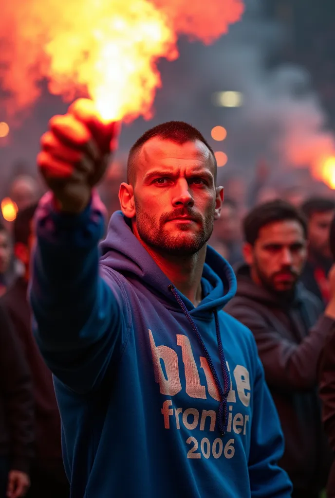 An white man with buzz cut and brown hair holding a flare in a blue ultras hoodie with the text “THE BLUE FRONTIER 2006” In football game with the rest of the ultras and make him look like a 