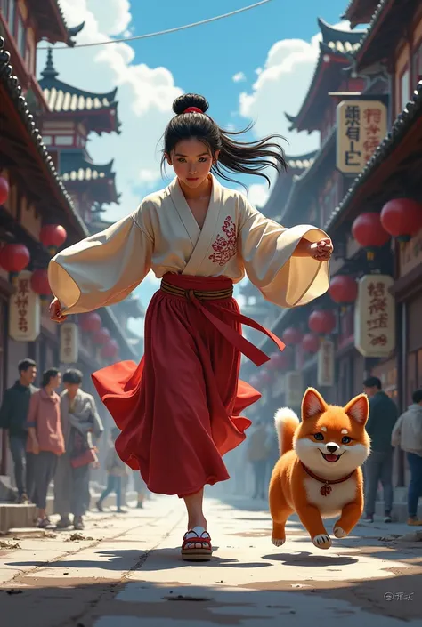 A woman runs after her ren through the streets of Japan