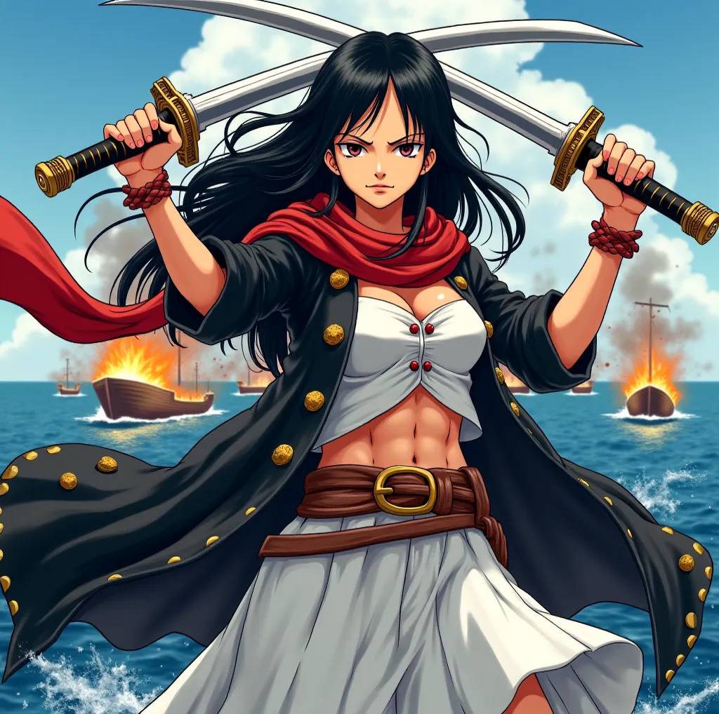 Anime One Piece style, pirate women with black long hair, two katanas in her hands, white dress with red scarf on waist with praise, and black coat, around close to her burning ships on the sea 