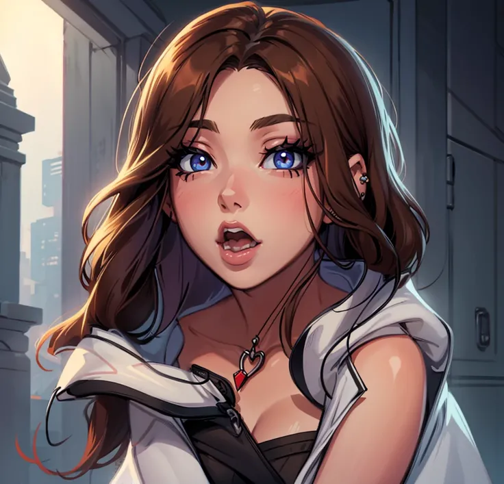 anime girl with long brown hair, digital art, digital anime illustration, piercing eyes, lineart, kiss 