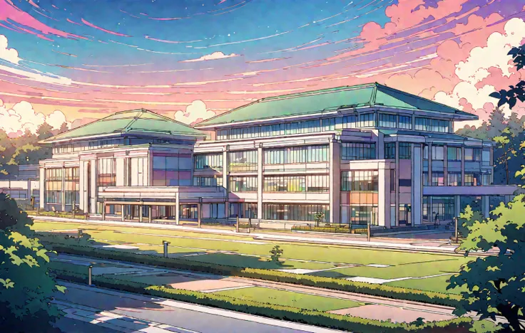 画一个日本高中的architecture， line art ，2D，Anime screenshots，architecture，evening，Sky