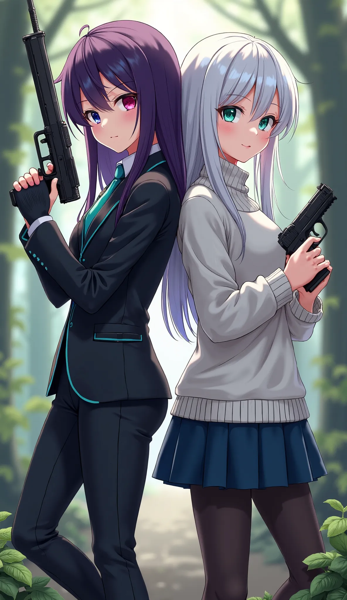 Anime art style, two diferent characters making a pose together back to back, first character young female, left eye light purple, right eye red, dark purple long hair with a white lock in the front, Black thight suit, dark blue and mint details outfit, su...