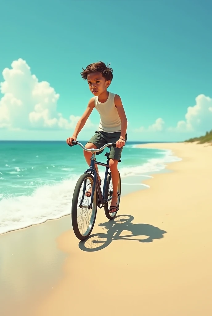  skinny boy playing bike on beach