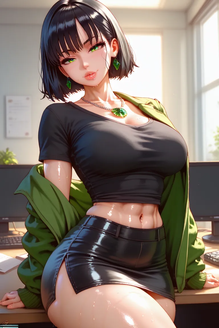 Fate style,sexy anime Girl, short black hair, green eyes, seductive evil face, emerald necklace, voluptuous body, Massive Big boobs, Massive Big ass, green jacket and black T-shirt and short skirts and black thighs high, curvilinea, sweaty, sexy pose, sexy...