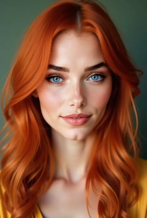 Imagine a young woman in her 20s, with a delicate and expressive face that transmits youth and sophistication at the same time. She has vibrant red hair, greens, that fall softly over her shoulders, with a natural glow that captures light in an enchanting ...