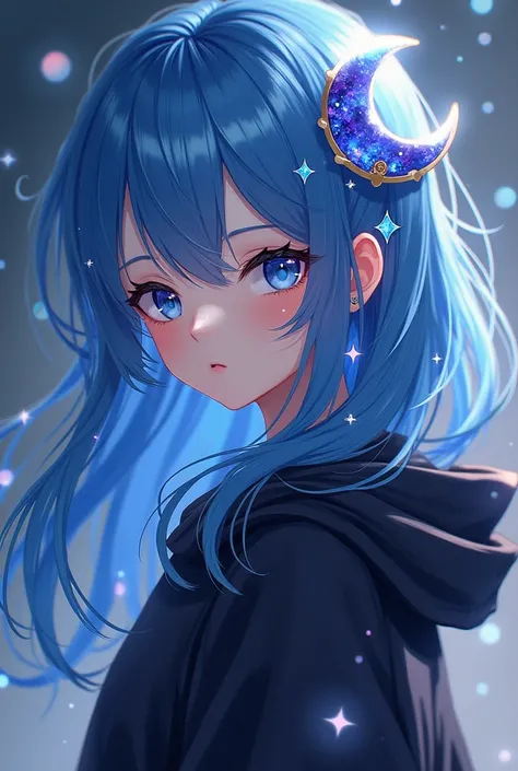 Anime Style Beautiful Girl, , Blue, Long Hair, Long Bangs, Cowardly Black Mage's Robe, Moon Hair Ornament, with Magical Crystals