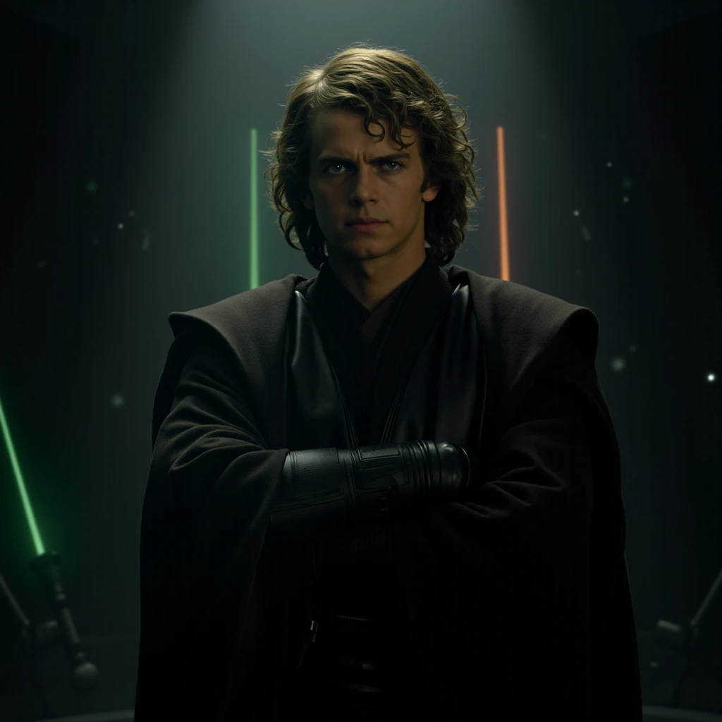 ( Masterpiece , high quality photo, high resolution, realistic photo,  photo ) Anakin Skywalker , epic look,  dark room ,  hands clasped on his chest , a glimpse of the dark side, a green lightsaber in his hands