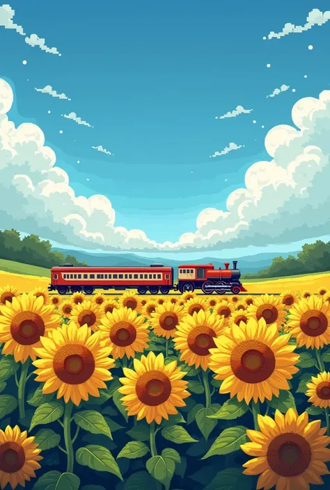 Make a field full of sunflowers with a blue sky full of white clouds in the background make a train passing in 8 bits