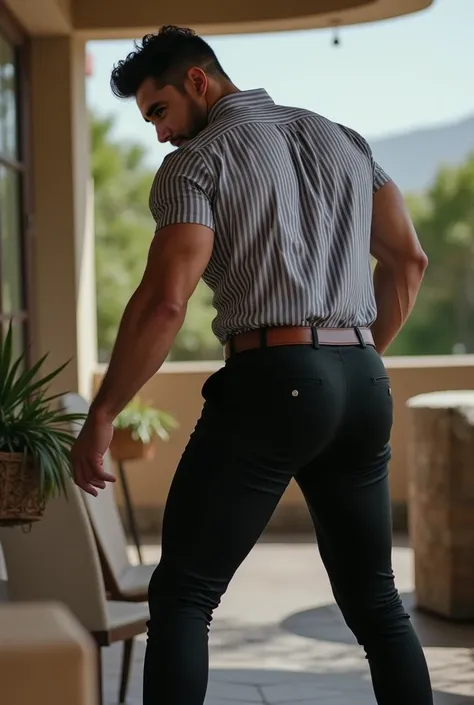 Fotografía realista, 35-year-old muscular (((atletic man))) , , View from below, nalgon de perfil, stripe gray formal shirt and very tight black trousers, brown belt, de perfil, Big butt, viendo a cámara, ojos negros, en el patio, hombre sexy, muy nalgon, ...