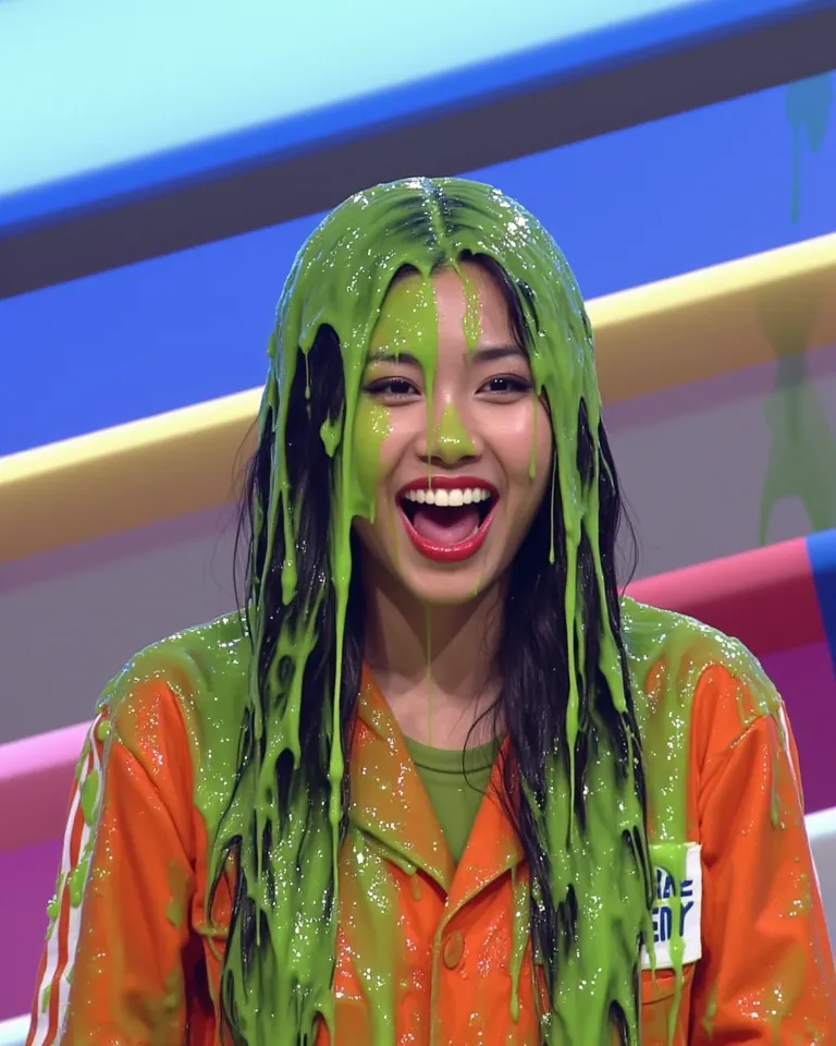 Film photograph of an Asian woman with long wavy black hair and light skin in a brightly lit game show studio, covered in thick, dripping green water. She wears a orange jumpsuit, which is partially visible beneath the slime. She has long fake eyelashes. S...