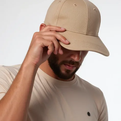 A young man with a slender beard with his head down wearing a beige baseball cap, Your hand is gripping the tip of the cap, Clear studio lighting, Dramatic lighting light, bright lighting, Magazine advertisement image, The boy has his head down 