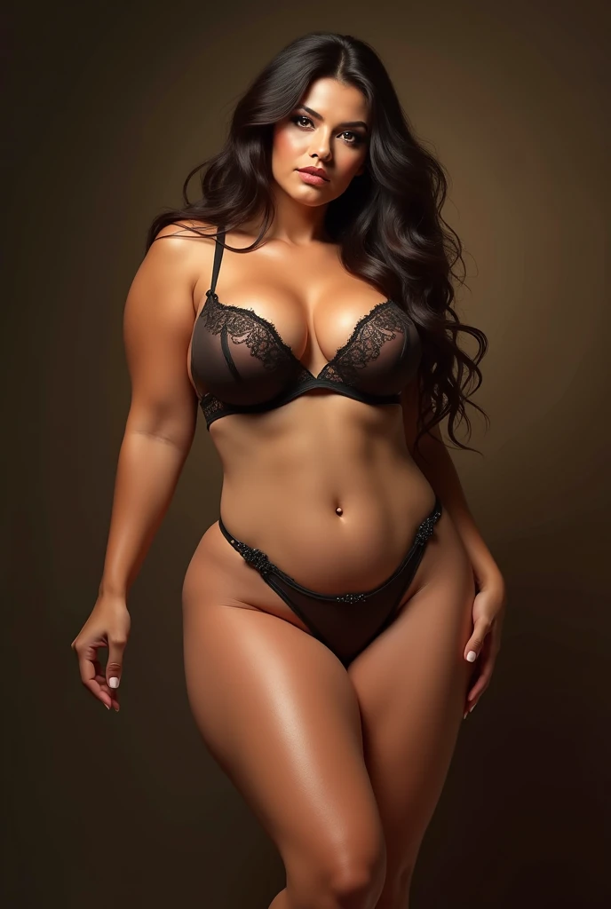 A highly realistic and detailed image of a voluptuous, curvy woman with large breasts, thick thighs, and wide hips. She has a seductive, confident expression, with smooth, tanned skin and long, flowing hair. Her body is well-proportioned, resembling famous...