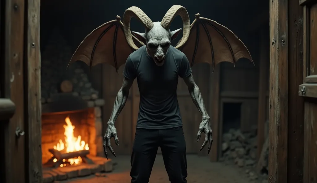 Full body front view of A Thin, Hairless Demon, With ram's horns on his head, your skin is greyish, It has leathery wings, In his hands he has sharp claws, wears a dark gray shirt and black pants, the demon has his right claw in his front in an attack posi...