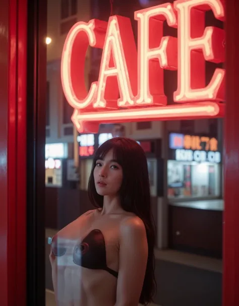 (((Full body view:1.8))), Cinematic photography of a tall skinny beautiful Korea sensual actress Bae Suzy posing naked behind the window storefront with cinematic red neon lighting, (((Bae Suzy realistic face:1.3))), (((very beautiful thin face, perfect de...