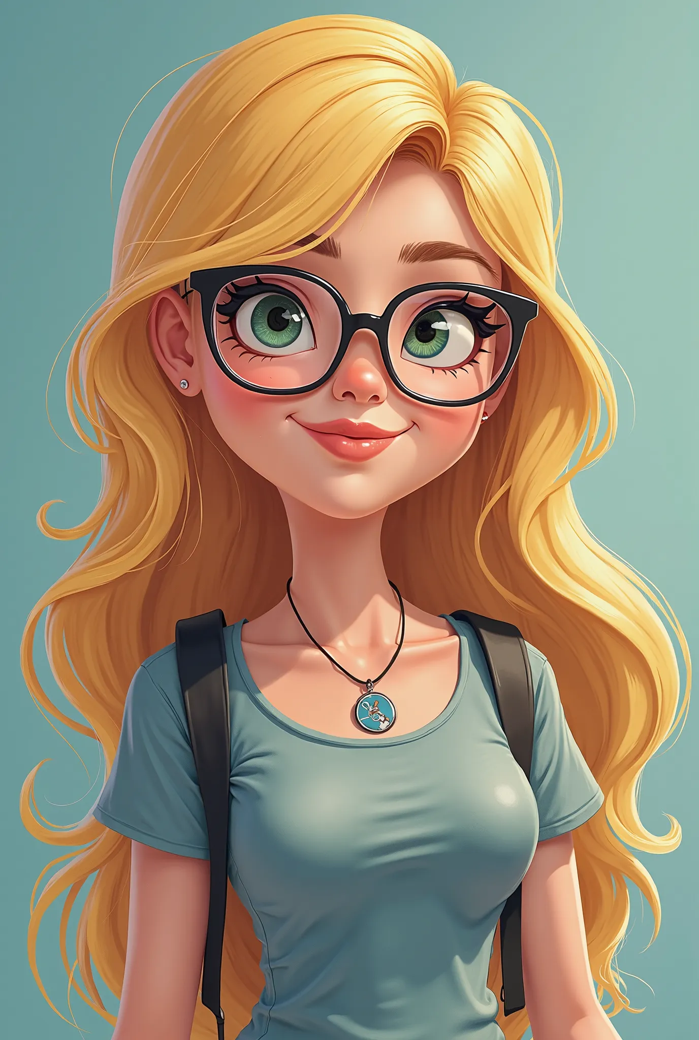 Create a female character in cartoon style, in a full body illustration. She must have long blond hair, brown eyes with a slight greenish tint, and wear round glasses that transmit air And cool. The character must make a subtle reference to the geek univer...