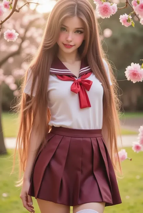 A beautiful young school girl, intricate detailed face, piercing eyes, long eyelashes, small nose, perfect lips, long flowing hair, school uniform, pleated skirt, knee-high socks, tidy appearance, confident and charming expression, standing in a serene gar...